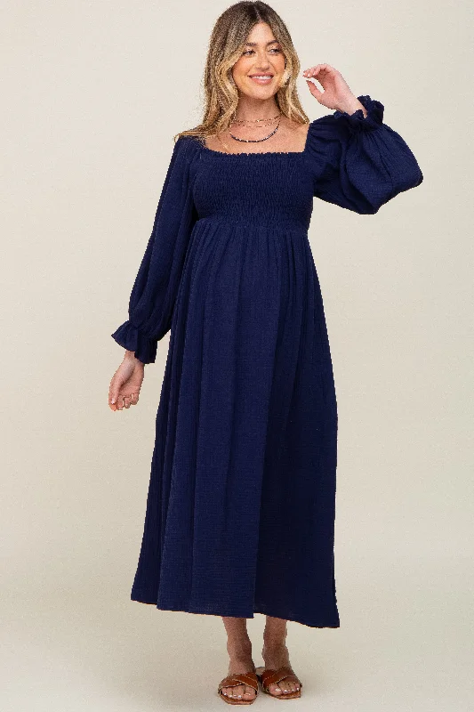 Women's High-Fashion Attire Navy Gauze Smocked Maternity Midi Dress