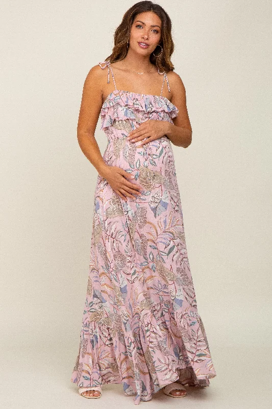 Women's High-Fashion Clothes Pink Floral Ruffle Top Back Cutout Maternity Maxi Dress