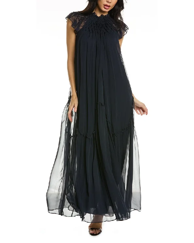 Women's Clothes And Apparel Rebecca Taylor Smocked Chiffon Silk Maxi Dress