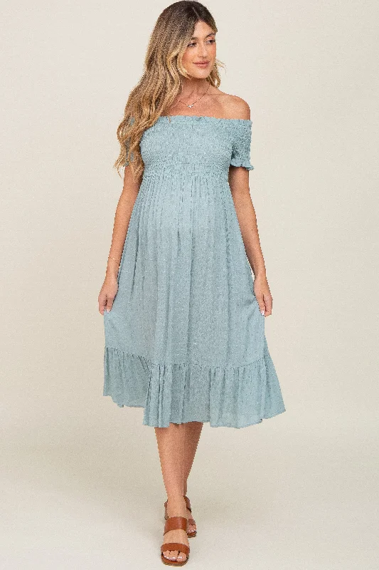 Elegant Women's Evening Garments Sage Off Shoulder Smocked Maternity Midi Dress