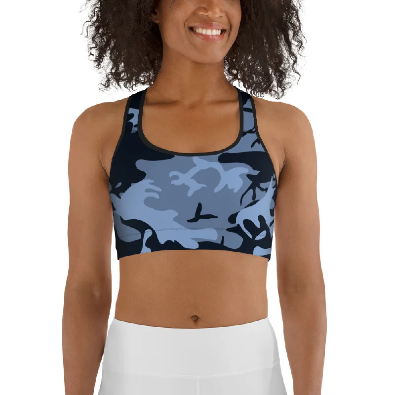 Comfortable Women's Apparel Navy Blue and Light Blue Camouflage Sports Bra