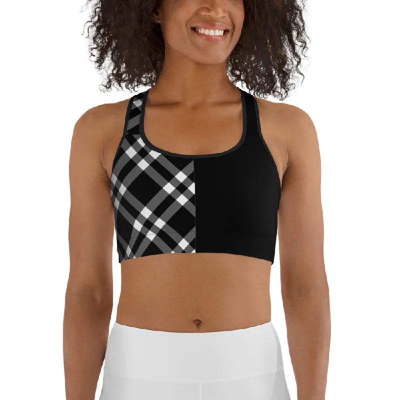 Women's Athletic Garments Sports Bra Black and White Gingham