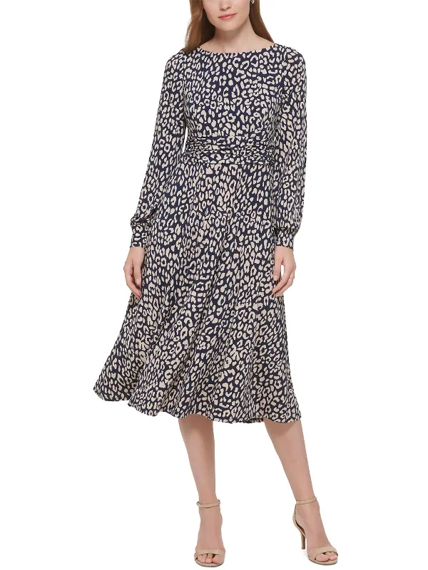 Women's Transitional Outfit Womens Leopard Print Ruched Midi Dress