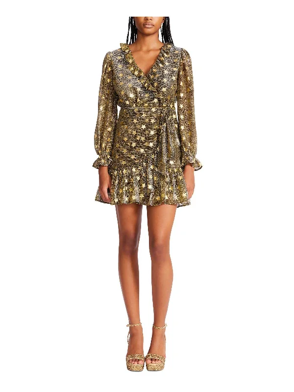 Vintage-Inspired Women's Clothes Womens Metallic Mini Wrap Dress