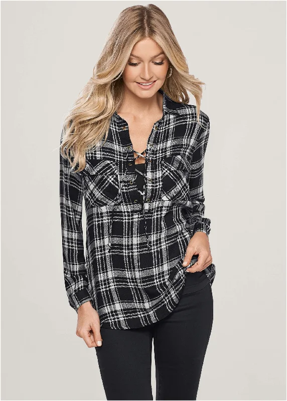 Women's Activewear Garments Plaid Lace-Up Top - Black Multi