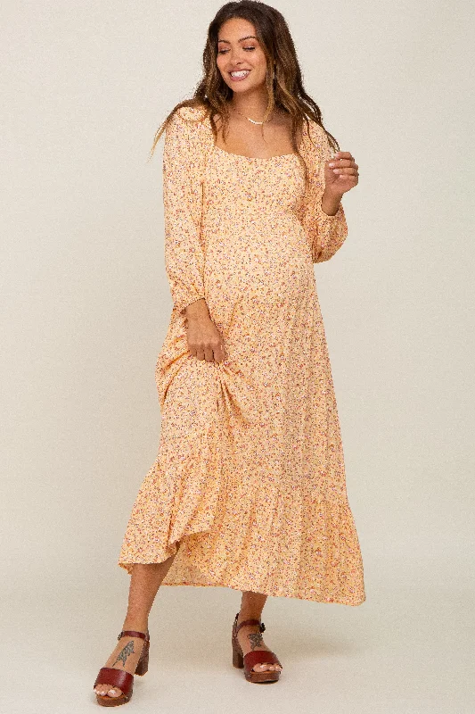 Women's Transitional Attire Yellow Floral Square Neck 3/4 Sleeve Maternity Midi Dress