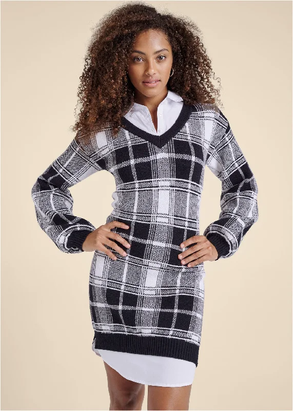 Casual Garments For Women Plaid Layered Sweater Dress - White & Black