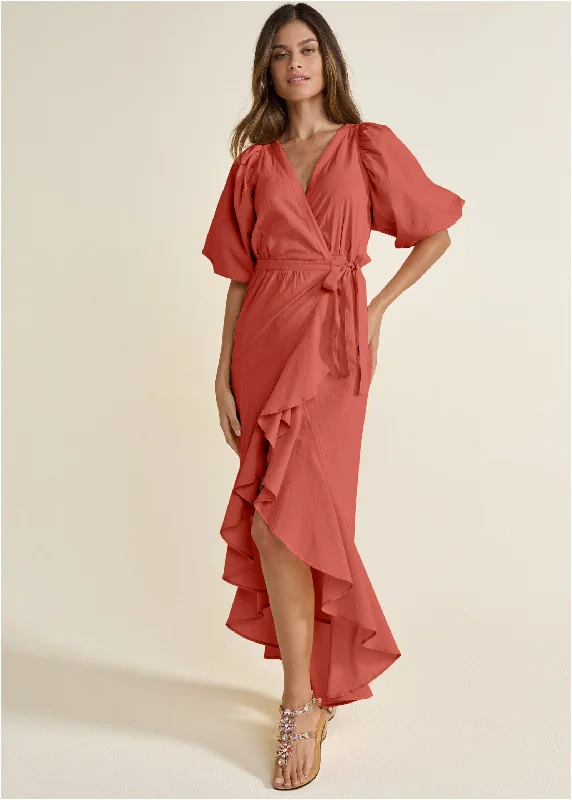 Women's Evening Attire Ruffle Wrap Maxi Dress - Burnt Orange