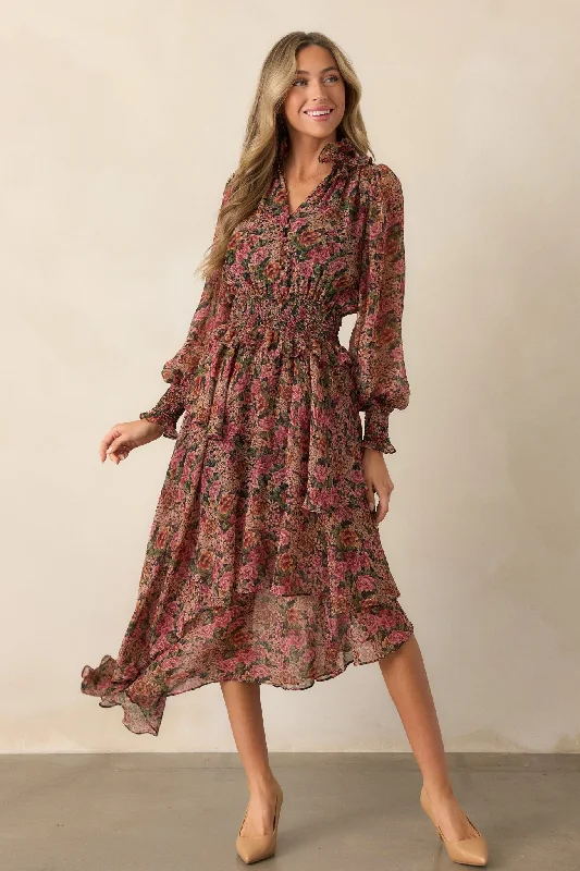 Women's Elegant Garments Roses Of Love Black Multi Floral Long Sleeve Ruffle Midi Dress